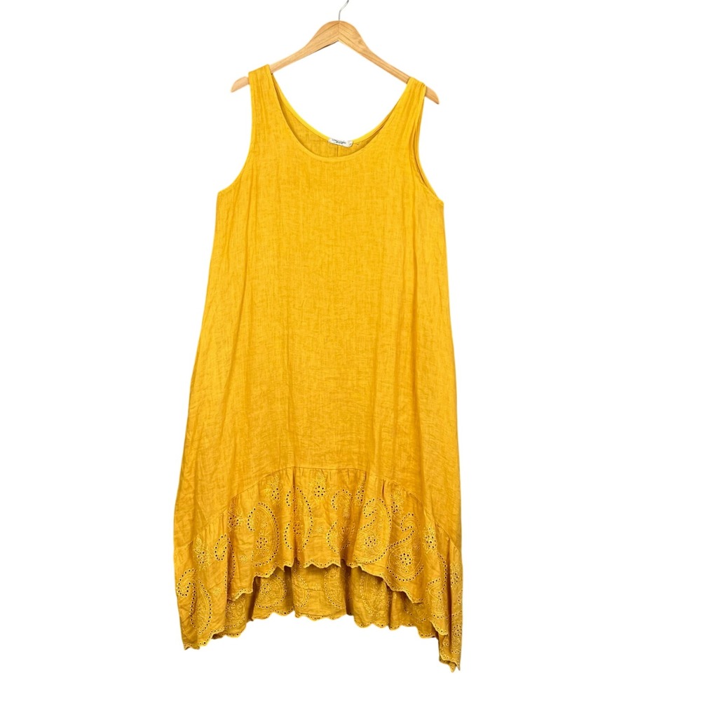 Lungo L'Arno Dress Womens L 100% Linen Eyelet Hem Sleeveless Pockets Coastal